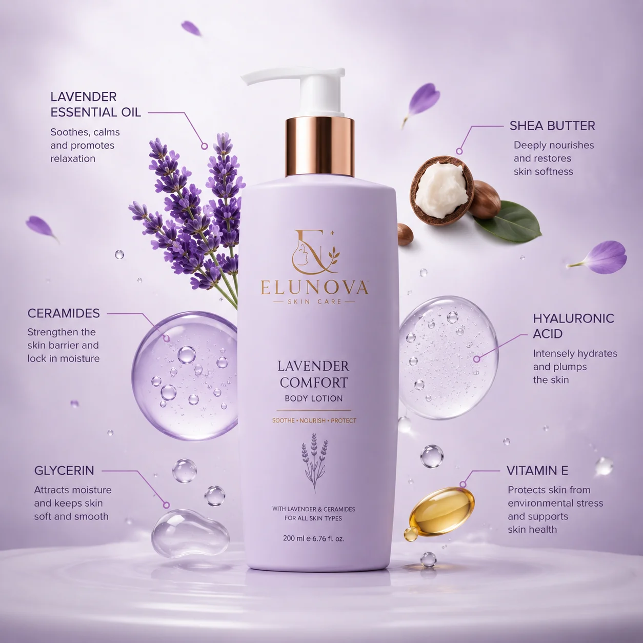 Elunova Lavender Skin Softening Lotion (200ml) - Image 4