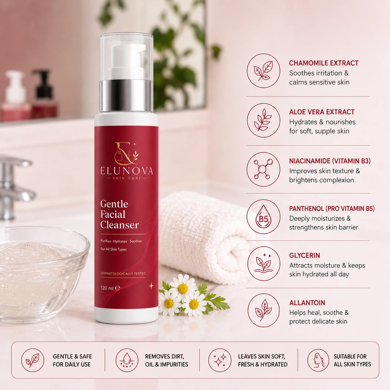Elunova Gentle Facial Cleanser For All Skin Types (120ml) - Image 4