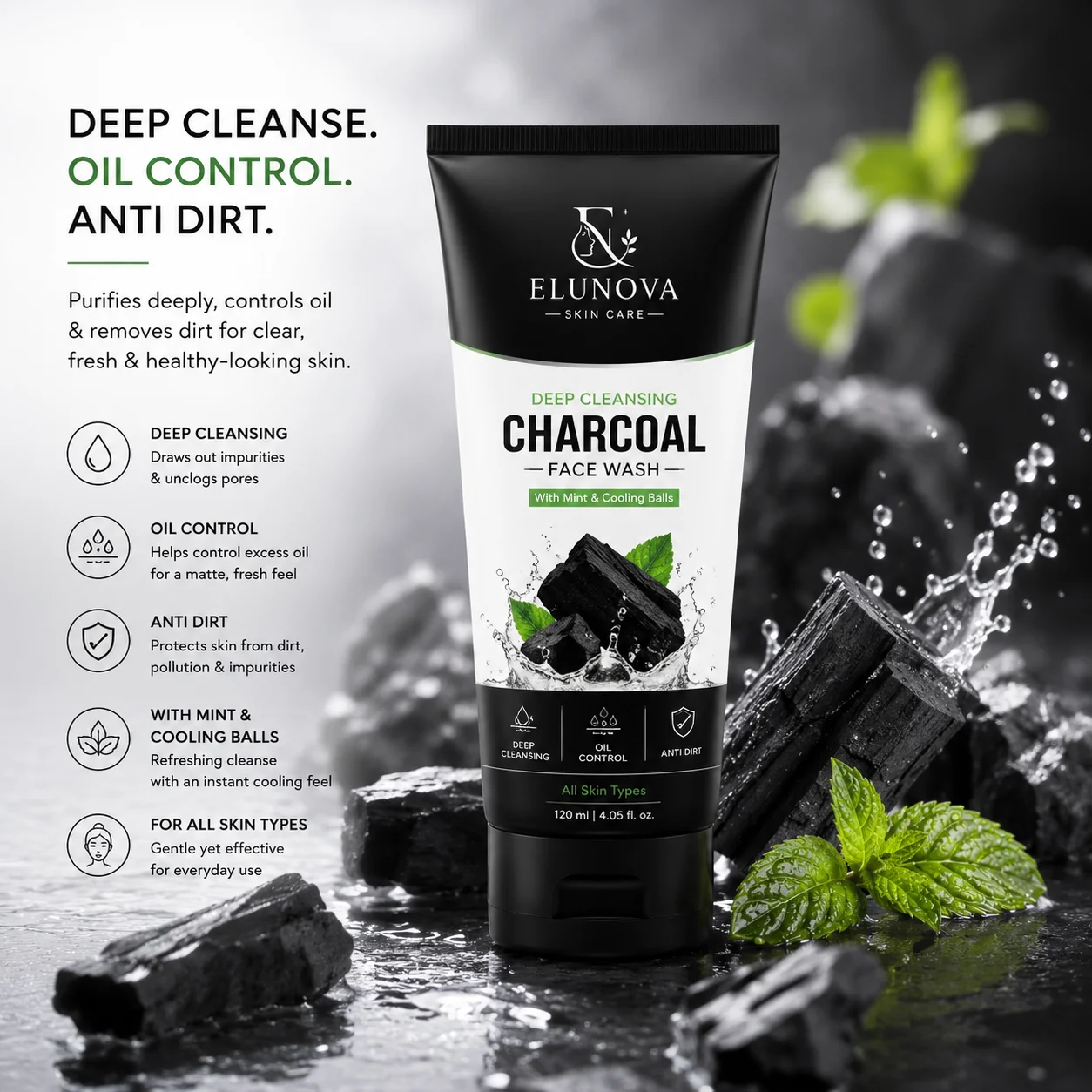 Elunova Deep Cleansing Charcoal Face Wash 120ml for All Skin Types - Image 4