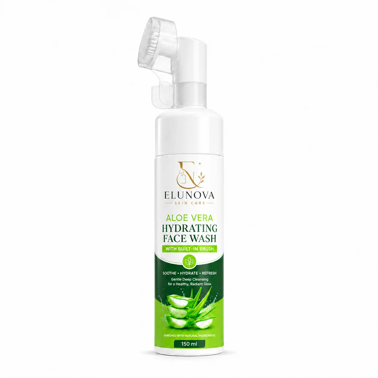 Elunova Aloe Vera Hydrating Foaming Face Wash with Built-in Brush – 150ml