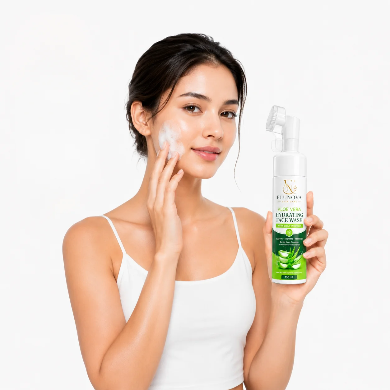 Elunova Aloe Vera Hydrating Foaming Face Wash with Built-in Brush – 150ml - Image 2