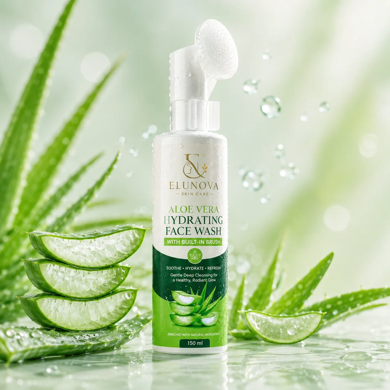 Elunova Aloe Vera Hydrating Foaming Face Wash with Built-in Brush – 150ml - Image 3