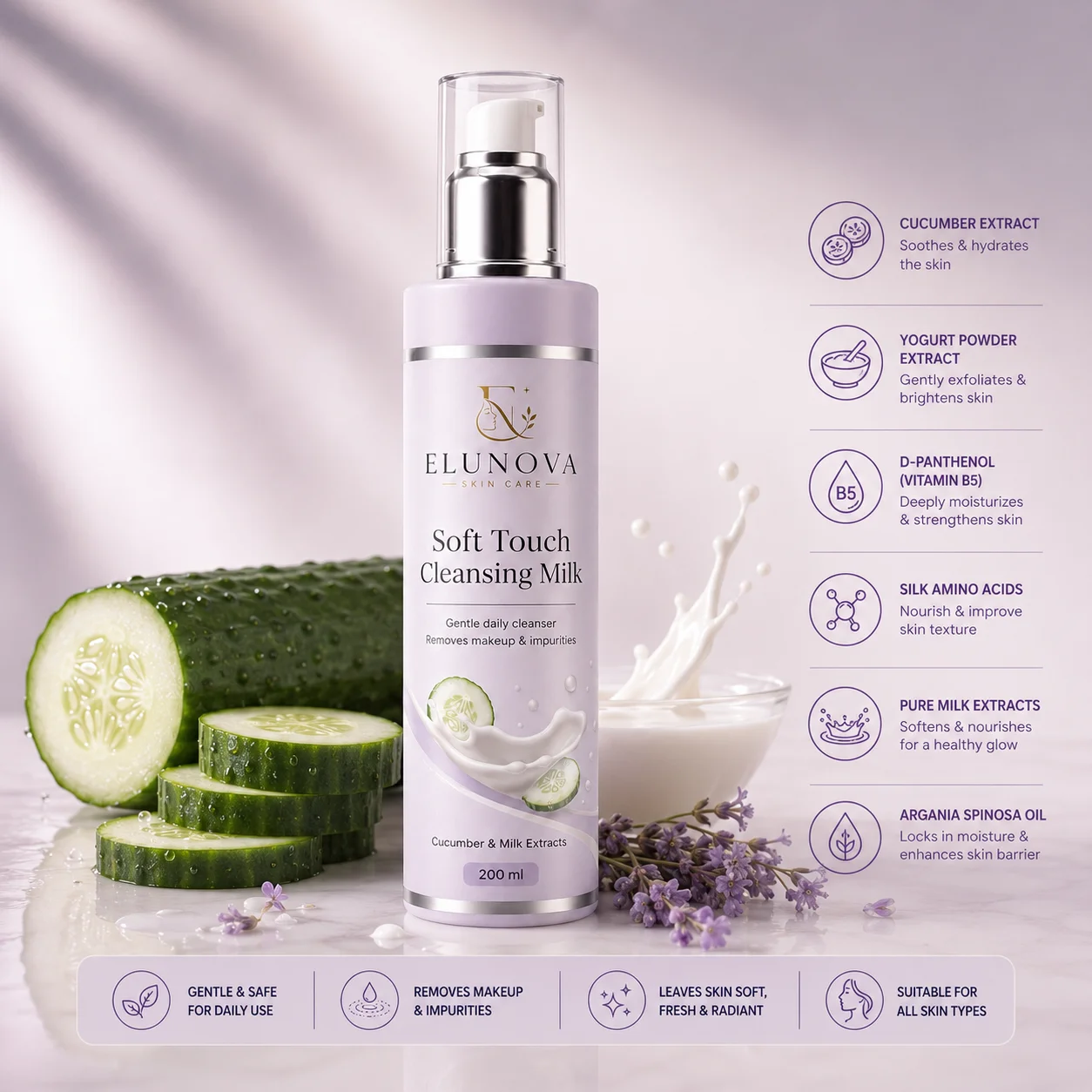 Elunova Soft Touch Cleansing Milk For Gentle Hydrating (200ml) - Image 4