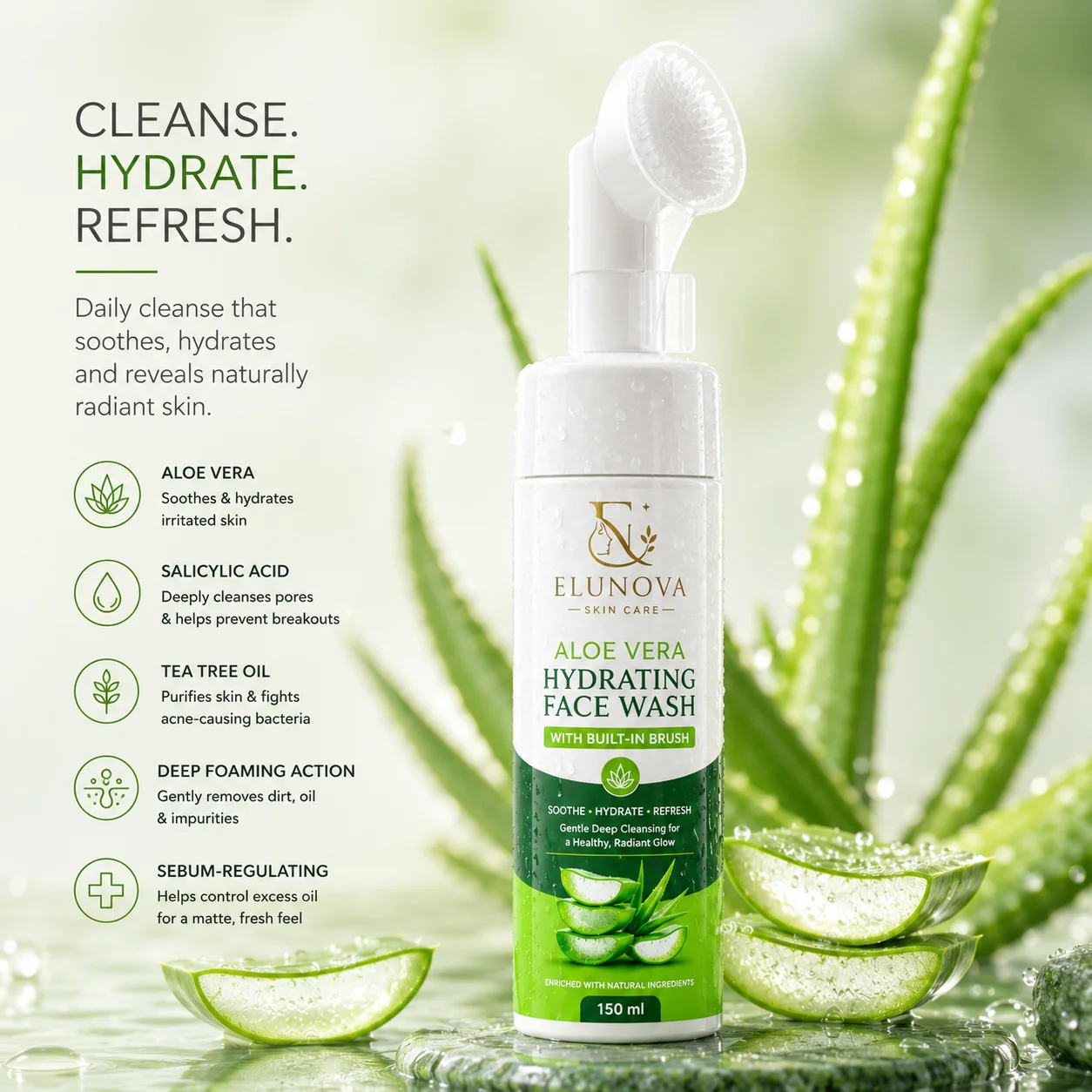 Elunova Aloe Vera Hydrating Foaming Face Wash with Built-in Brush – 150ml - Image 4